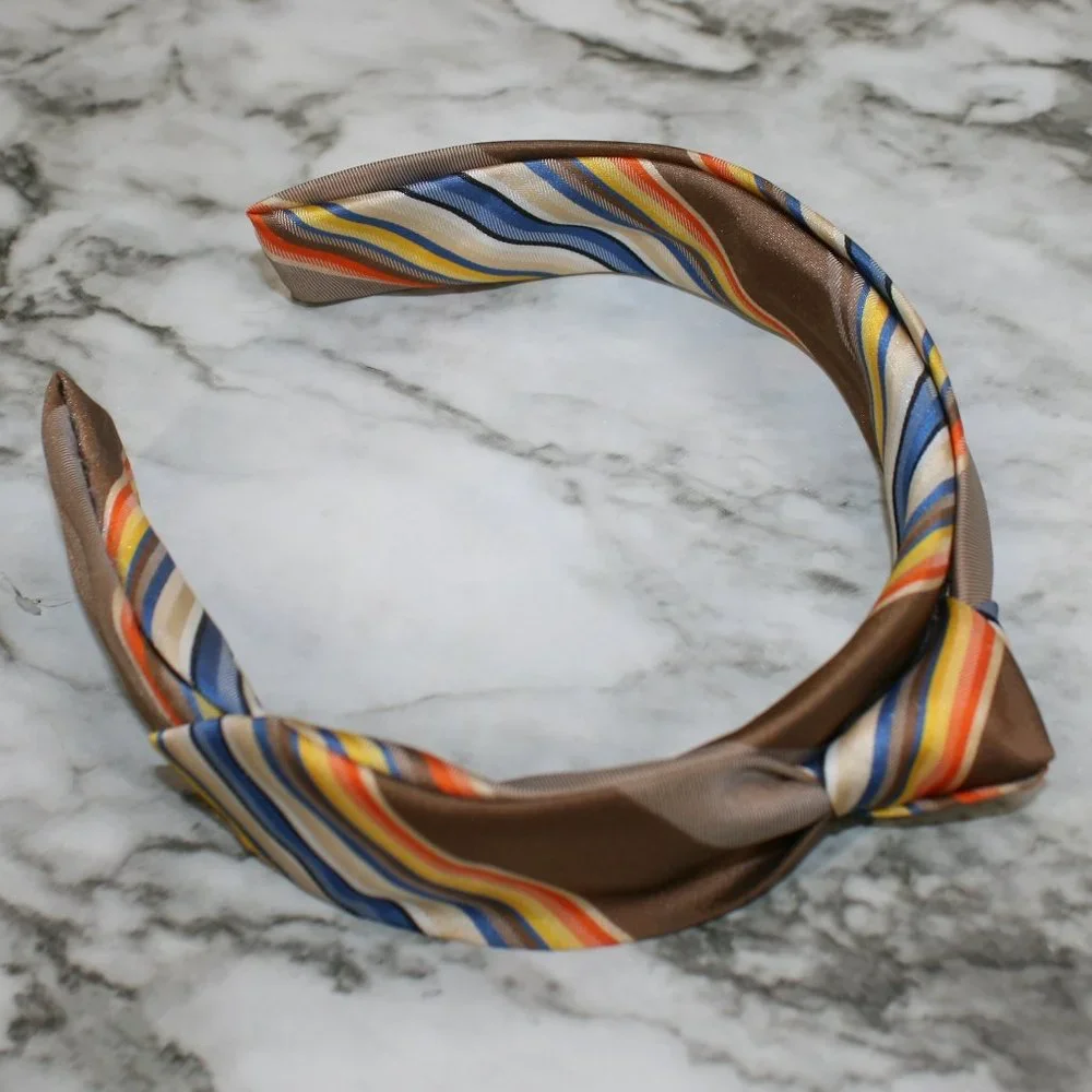 HAND CRAFTED Brown Orange Knotted Headband Repurposed Stripe Necktie Hair Band